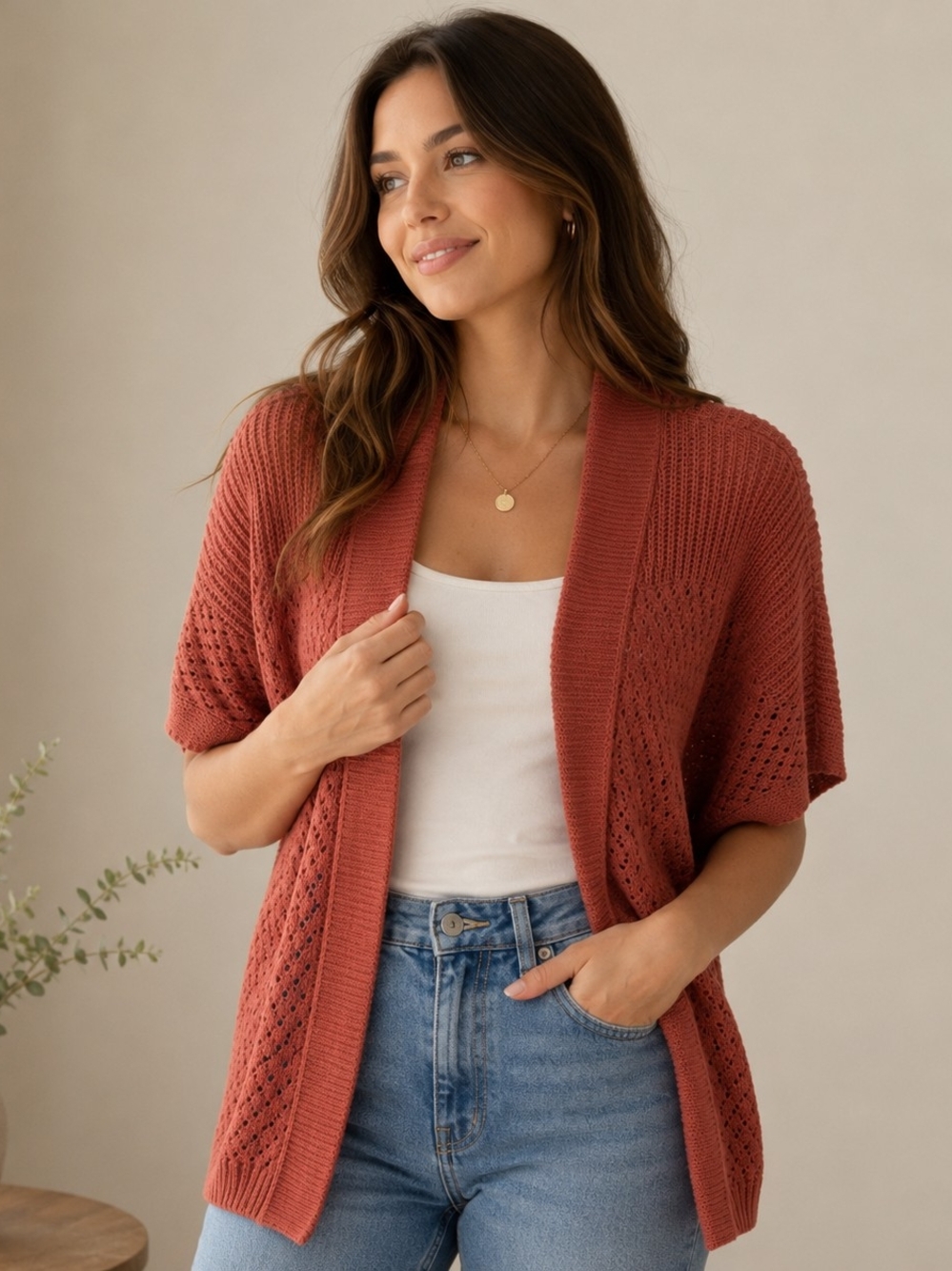 Reitmans Open-Front Short Sleeve Knit Cardigan - Rusty Terracotta